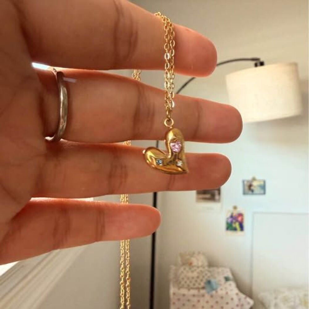 Cute Puffy Heart Necklace with Pink & Blue CZ | Gold Tone Stainless Steel Chain
